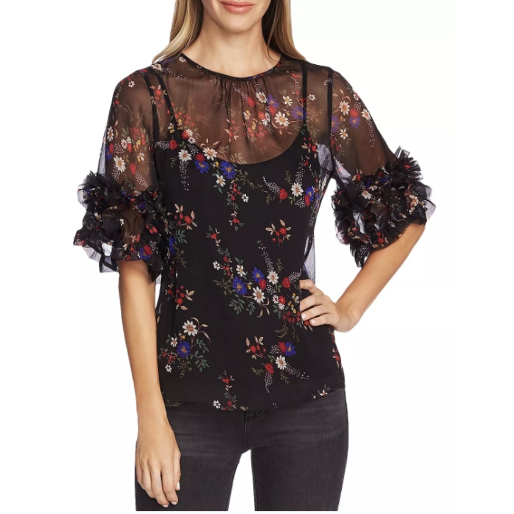 VINCE CAMUTO Ruffle Sleeve Floral Blouse Large Bla